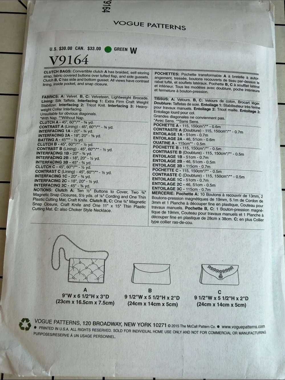 Vogue V9164 Kathryn Brenne Clutch Purse Handbag Sewing Pattern UNCUT